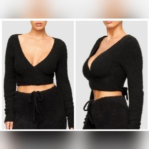 SKIMS Cozy Knit Fuzzy LongSleeve Wrap Top in Size XXS-XS/ONYX/NWT